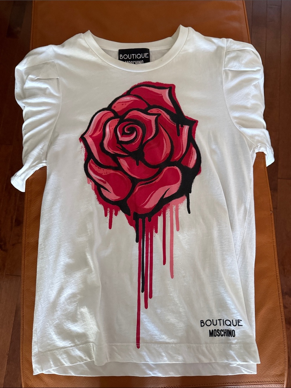 Moschino White Short Sleeve Tee with Red & Black Dripping Rose